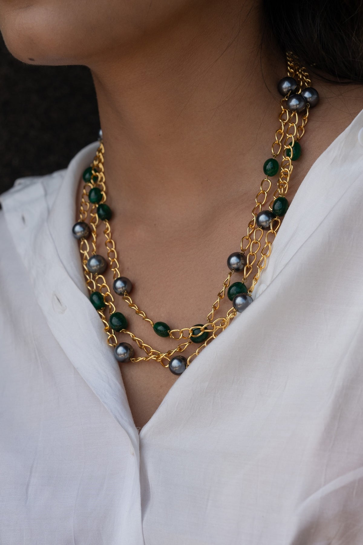 Gold Finish Grey Pearl Necklace