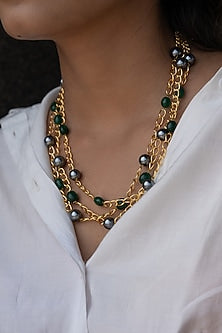Gold Finish Grey Pearl Necklace