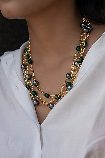 Gold Finish Grey Pearl Necklace