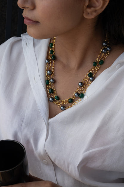 Gold Finish Grey Pearl Necklace