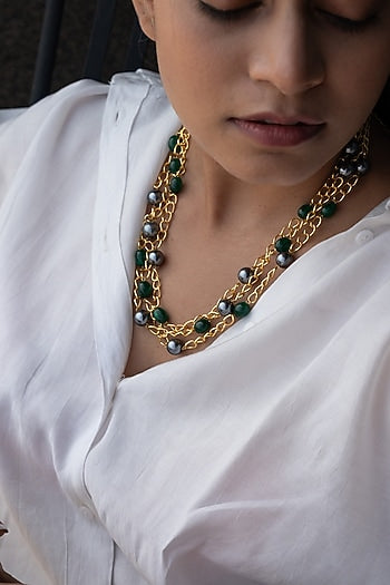 Gold Finish Grey Pearl Necklace