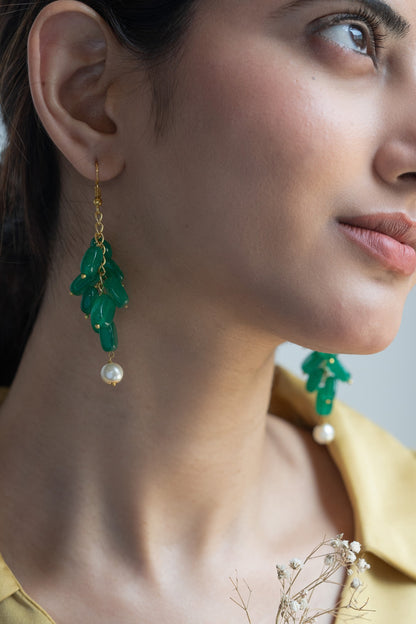 Gold Finish Green Natural Stone & Pearl Dangler Earrings