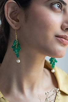 Gold Finish Green Natural Stone & Pearl Dangler Earrings