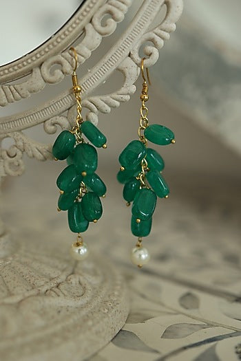 Gold Finish Green Natural Stone & Pearl Dangler Earrings