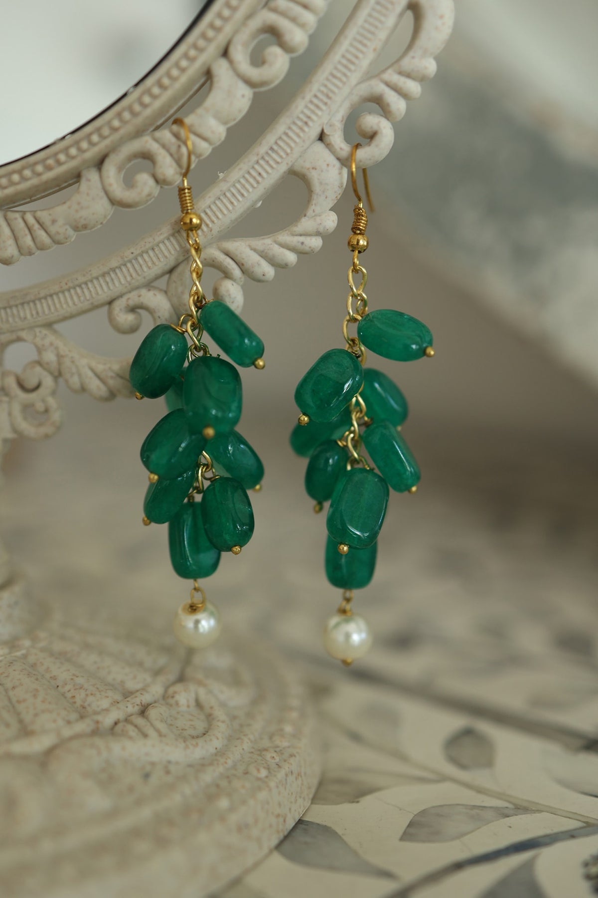Gold Finish Green Natural Stone & Pearl Dangler Earrings