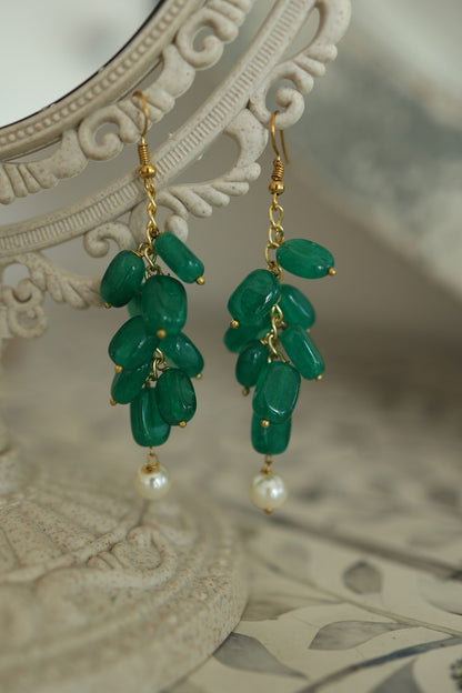 Gold Finish Green Natural Stone & Pearl Dangler Earrings