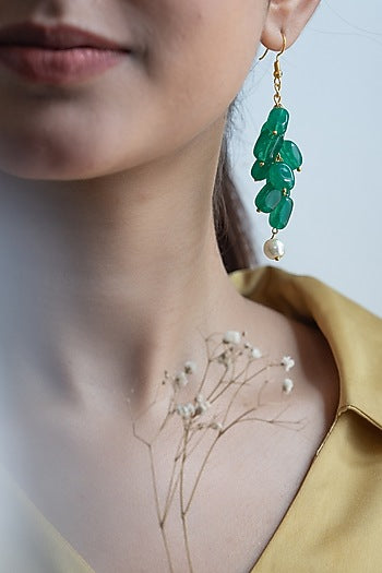 Gold Finish Green Natural Stone & Pearl Dangler Earrings