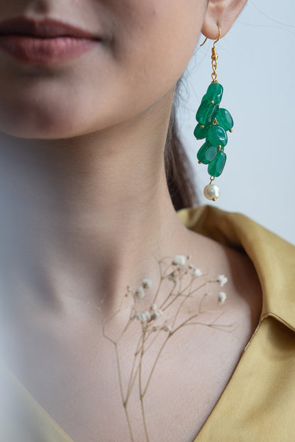 Gold Finish Green Natural Stone & Pearl Dangler Earrings