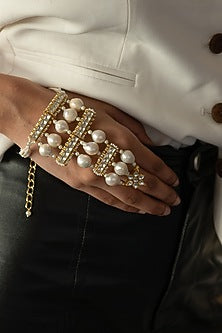 Gold Finish Kundan Polki & Pearl Hathphool