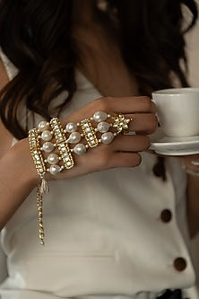 Gold Finish Kundan Polki & Pearl Hathphool