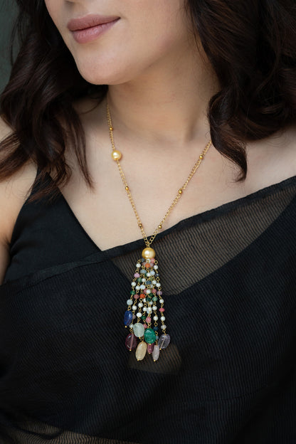 Gold Finish Multi-Colored Onyx & Natural Stone Necklace