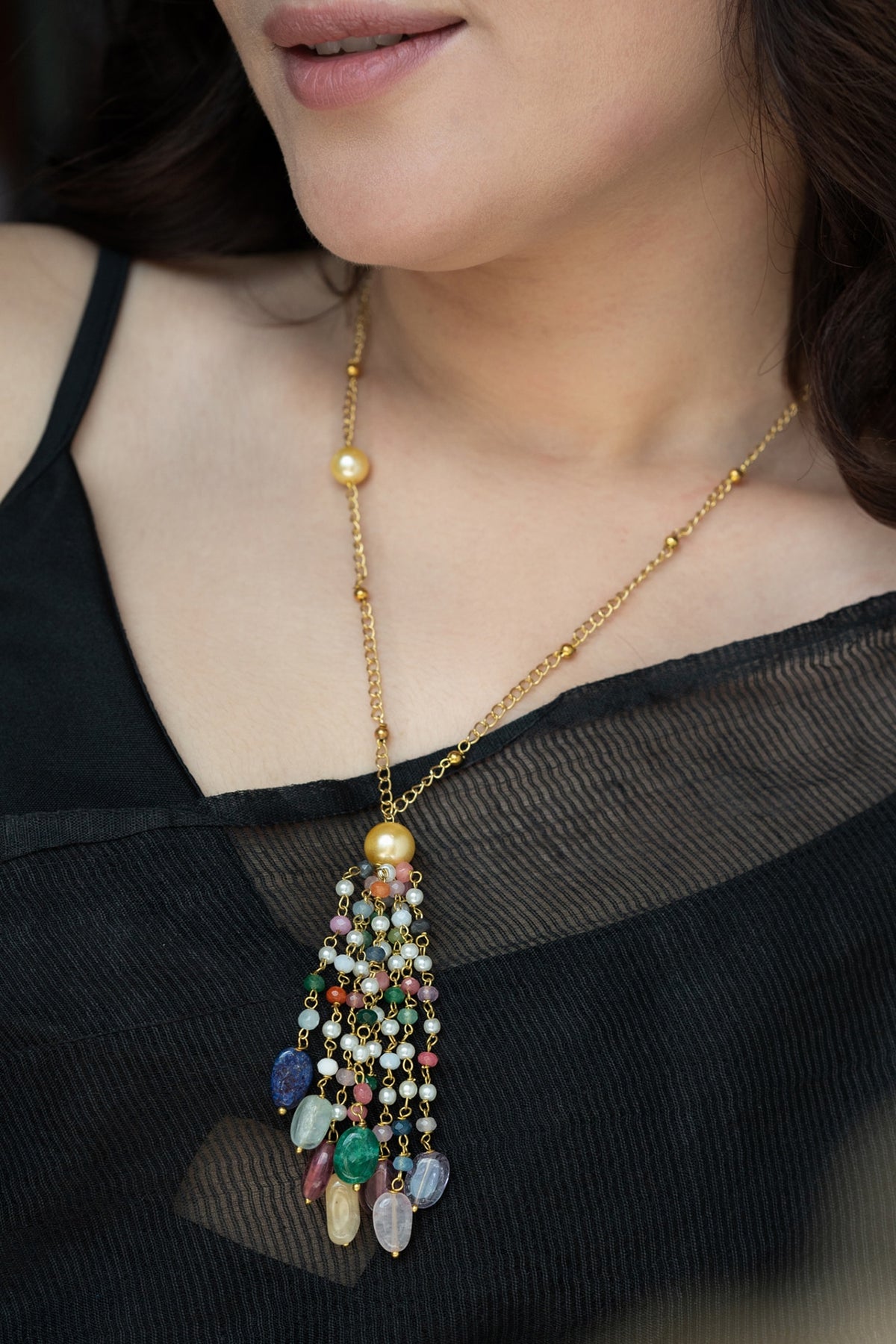 Gold Finish Multi-Colored Onyx & Natural Stone Necklace