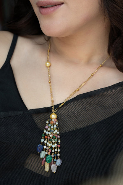 Gold Finish Multi-Colored Onyx & Natural Stone Necklace