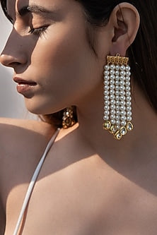 Gold Finish Pearl & Kundan Polki Dangler Earrings