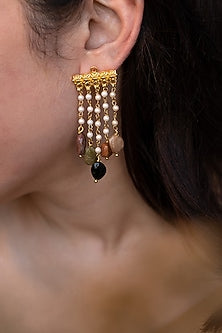Gold Finish Pearl & Natural Stone Dangler Earrings