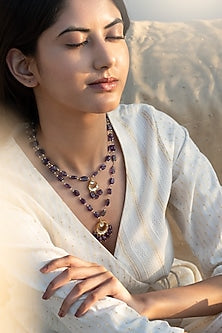 Gold Finish Kundan Polki & Amethyst Stone Layered Necklace