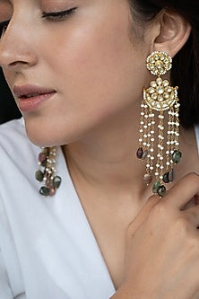 Gold Finish Pearl & Multi-Colored Stone Dangler Earrings