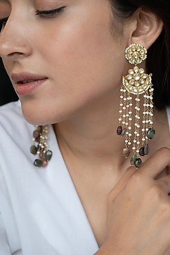 Gold Finish Pearl & Multi-Colored Stone Dangler Earrings