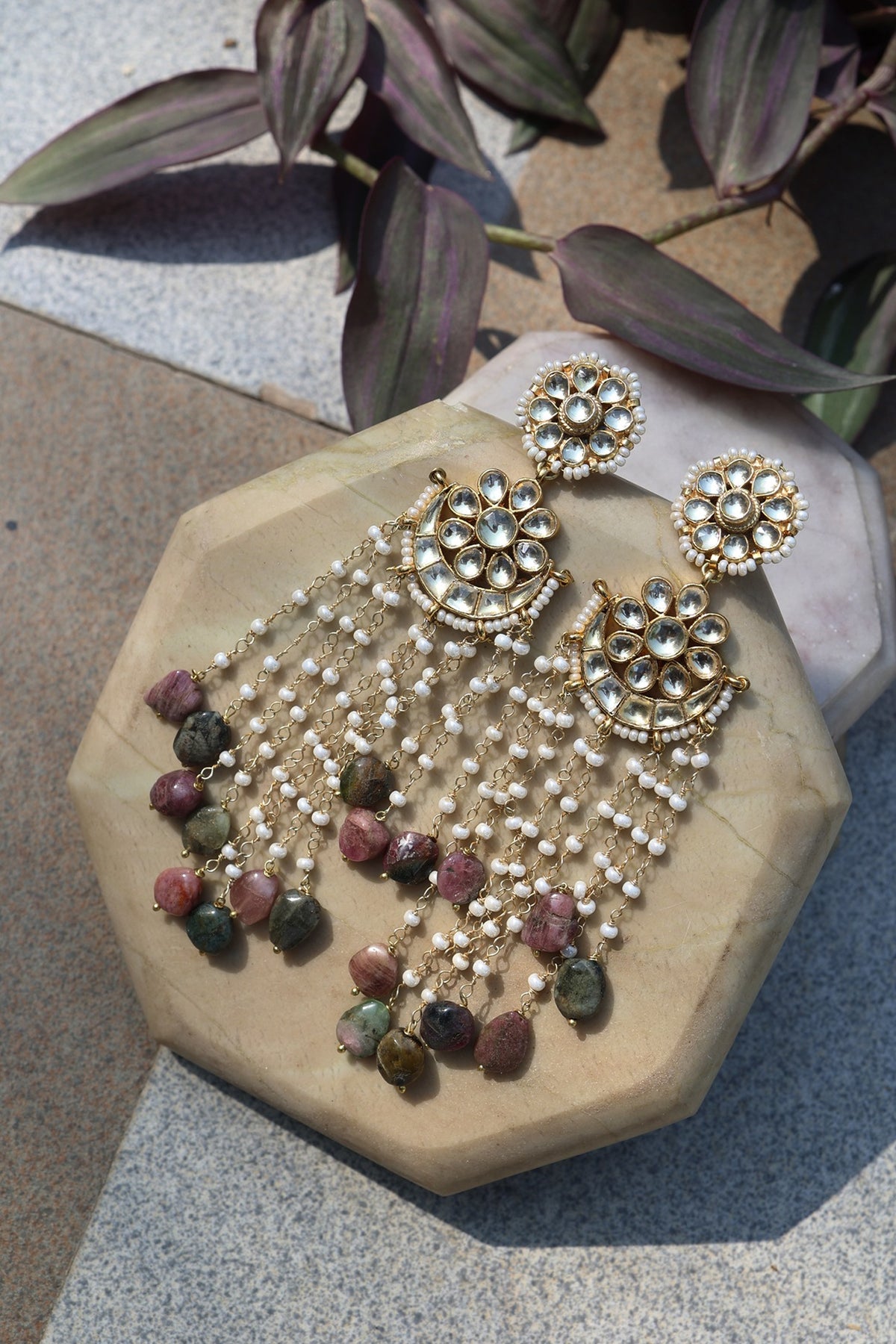Gold Finish Pearl & Multi-Colored Stone Dangler Earrings