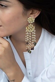 Gold Finish Pearl & Multi-Colored Stone Dangler Earrings