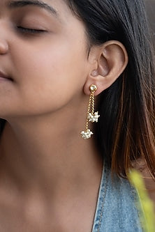 Gold Finish Pearl & Kundan Polki Dangler Earrings