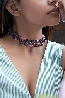 Gold Finish Amethyst & Pink Tourmaline Choker Necklace