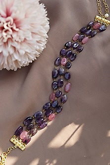 Gold Finish Amethyst & Pink Tourmaline Choker Necklace