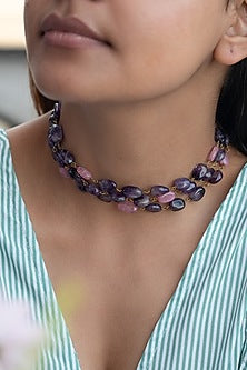 Gold Finish Amethyst & Pink Tourmaline Choker Necklace