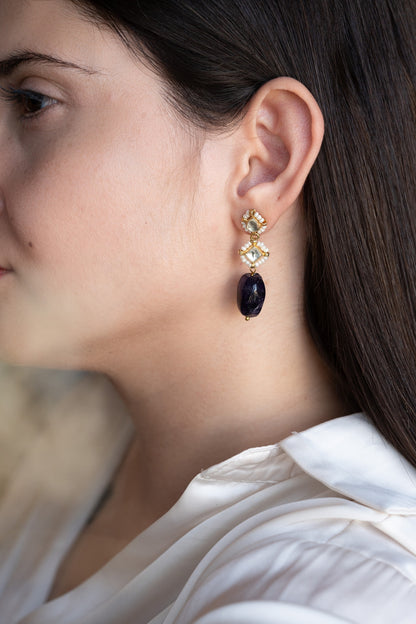 Gold Finish Amethyst Stone & Pearl Dangler Earrings