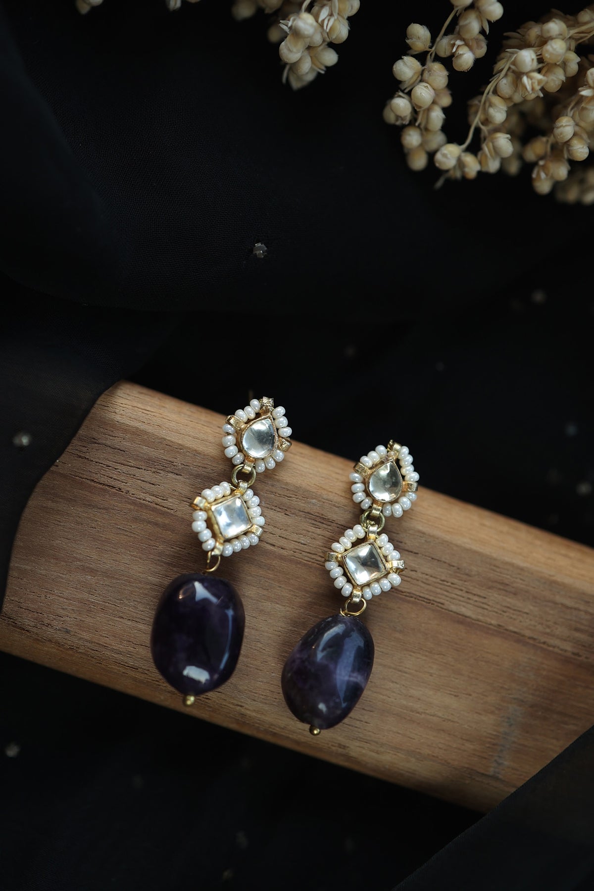 Gold Finish Amethyst Stone & Pearl Dangler Earrings