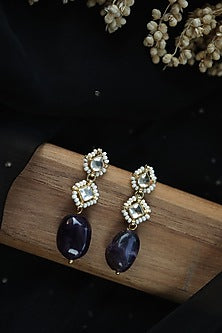 Gold Finish Amethyst Stone & Pearl Dangler Earrings