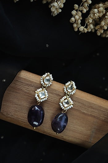Gold Finish Amethyst Stone & Pearl Dangler Earrings