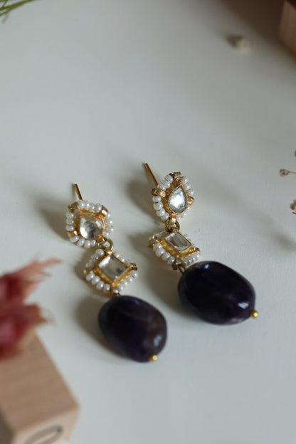 Gold Finish Amethyst Stone & Pearl Dangler Earrings