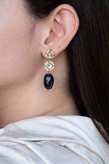 Gold Finish Amethyst Stone & Pearl Dangler Earrings