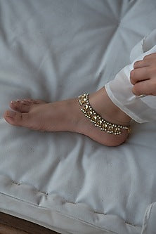 Gold Finish Pearl & Kundan Polki Handcrafted Anklets (Set of 2)