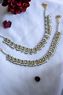 Gold Finish Pearl & Kundan Polki Handcrafted Anklets (Set of 2)