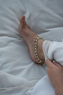 Gold Finish Pearl & Kundan Polki Handcrafted Anklets (Set of 2)