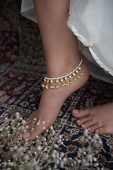 Gold Finish Shell Pearl & Kundan Polki Anklets (Set of 2)