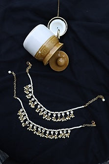 Gold Finish Shell Pearl & Kundan Polki Anklets (Set of 2)