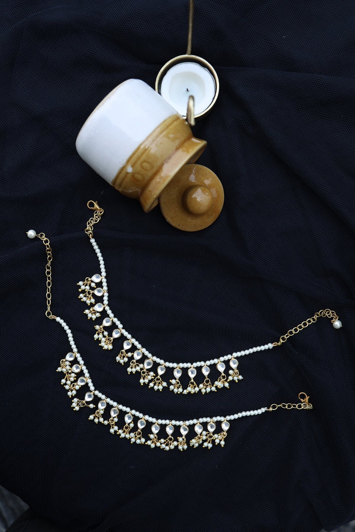 Gold Finish Shell Pearl & Kundan Polki Anklets (Set of 2)