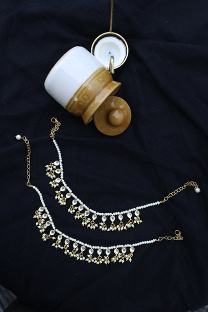 Gold Finish Shell Pearl & Kundan Polki Anklets (Set of 2)