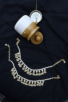 Gold Finish Shell Pearl & Kundan Polki Anklets (Set of 2)