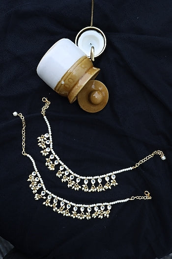Gold Finish Shell Pearl & Kundan Polki Anklets (Set of 2)