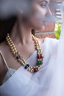 Gold Finish Pearl & Natural Stone Necklace