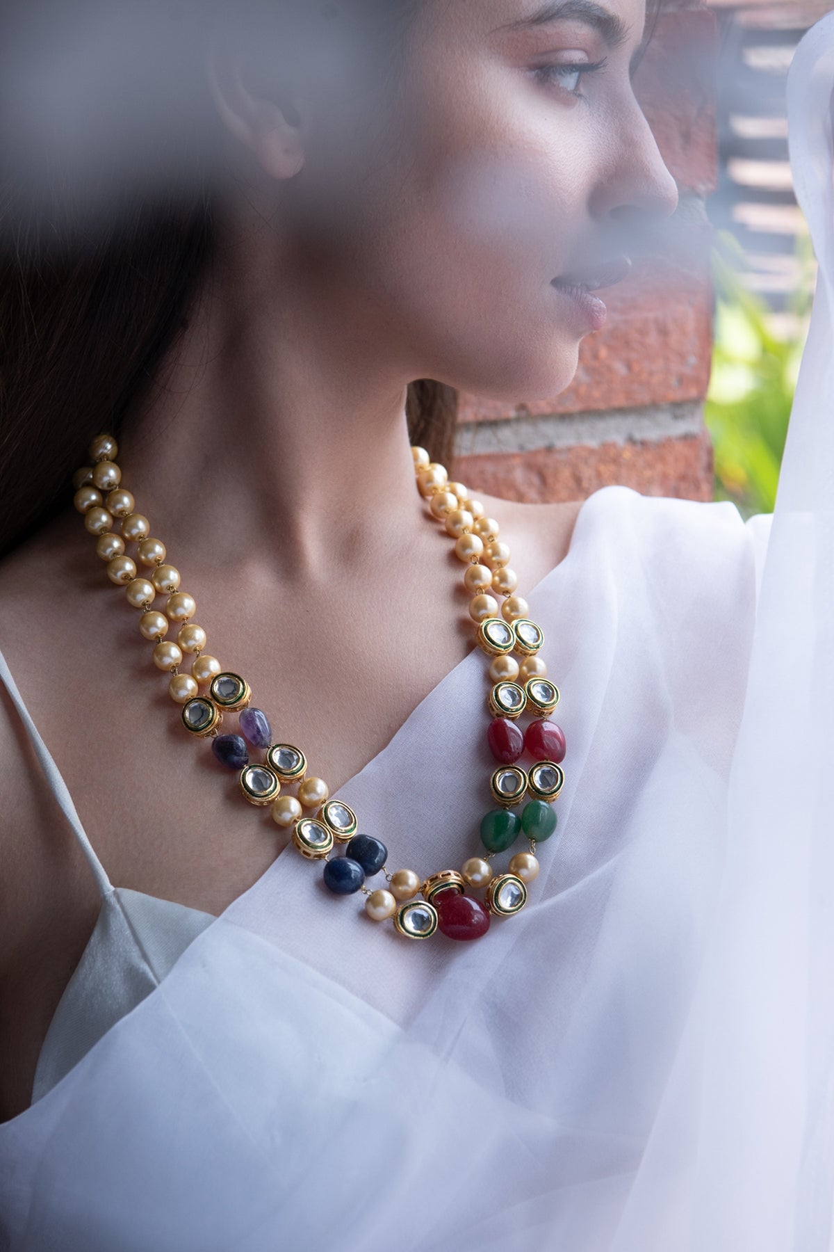 Gold Finish Pearl & Natural Stone Necklace