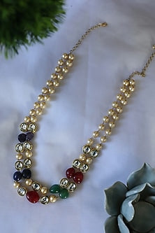 Gold Finish Pearl & Natural Stone Necklace