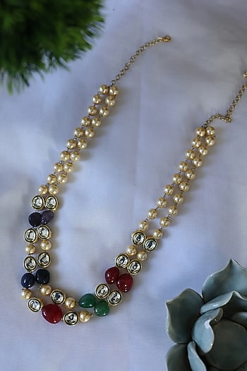 Gold Finish Pearl & Natural Stone Necklace