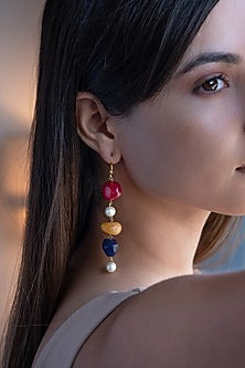 Gold Finish Pearl & Natural Stone Dangler Earrings