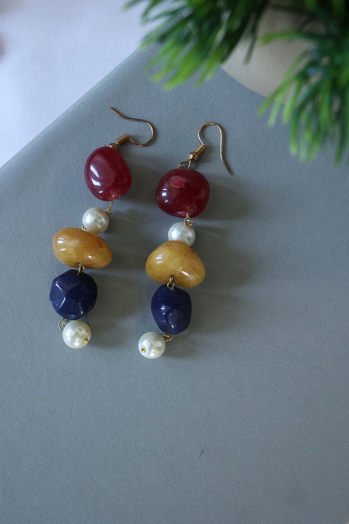 Gold Finish Pearl & Natural Stone Dangler Earrings