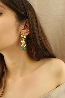 Gold Plated Kundan Polki & Green Drops Dangler Earrings